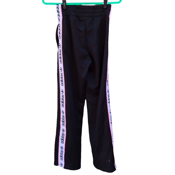 Adidas XS Pants Black Retro Spellout Logo Down Wide Leg Elastic Paperbag Waist - Picture 2 of 6